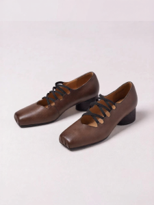 Reemoor | Cross Strap Vintage Ballet Flats Square Heel Women Shoes