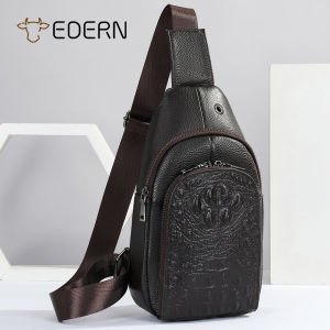 EDERN Crocodile Embossed Chest Bag for Men Genuine Leather Crossbody Bag Retro Casual Cowhide Sling Bag Outdoor Travel Chest Pouch