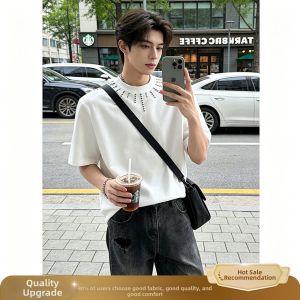 OUMULONG | Sparkling Studs Padded Shoulders Slim Neck Men T-Shirt