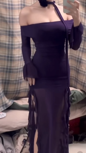 ชุดเดรสยาว สไตล์ โกธิค สีม่วงเข้ม แขนกระดิ่ง ซีทรู ระบาย ชาย ซับใน เอวสม็อค พร้อม ผ้าพันคอ #8162