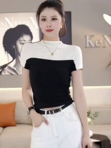 Slim Fit Short Sleeve T-Shirt Womens Half High Collar Color Block Fashion Simple Summer New Style Korean Version Top