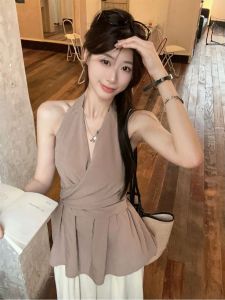 Off-Shoulder Halter Waist-Cinching Spaghetti Strap Blouse