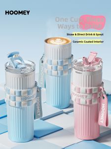 HOOMEY | Aesthetic Double-Drink Coffee Ice Mug Female New Design Ceramic Lined Insulated Cup