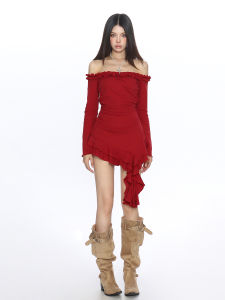 Off-Shoulder Ruffled Slit Midi Dress