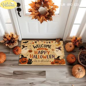 VIKAMA Halloween Doormat Welcome Pumpkin Witch Hat Ghost Black Cat Print Decorative Non Slip For Front Door Entryway Porch Decor