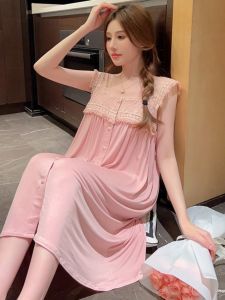 Summer Womens Sleep Dress Modal Cotton Pure Desire Sweet Strap Vest Skirt Nightgown Lace New Home Clothes round Neck Midi Length