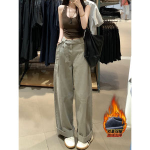 Quần Jeans Denim Ống Rộng Lót Lông Cừu Cao Cấp Cho Nữ Quần Dài Ôm Dáng Mùa Đông 2025 Quần Jeans Denim Thường Ngày