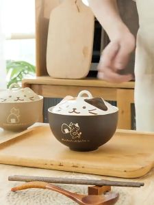 Tô Bát Sứ Có Nắp Hình Mèo Con 550Ml Dùng Úp Mì Siêu Dễ Thương