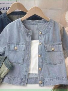 Summer Thin Short Sleeve Denim Jacket Womens Loose Versatile Small Size Short Length Shirt Jacket Top Straight Cut Style