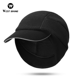 West Biking | WEST BIKING Winter Fleece Cycling Cap with Ear Covers Reflective Brim Thermal Bike Hat Ponytail Hole Windproof Outdoor Running
