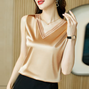 Black Vest Top Womens Spring Summer New Style V-neck Acetate Inner Wear Commute Pure Color Straight Cut Single Piece Online Exclusive