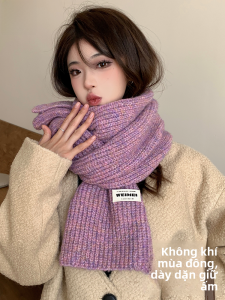 MiiOW | Khăn choàng len dệt kim dày màu tím cho nữ mùa đông 2024 phong cách Hàn Quốc đa năng ngọt ngào cho cặp đôi khăn choàng cổ