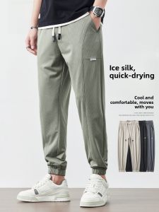 ROMON | Romon Ice Silk Mens Casual Pants Summer Thin Quick Dry Loose Elastic Waist Long Trousers Youthful Vitality Style Basic Color