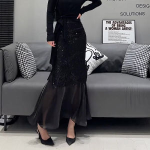 Elegant High Waist A-Line Midi Skirt Sparkling Fish Tail Design Splice Bright Flash Summer Commute plus Size Womens Skirt