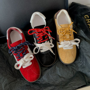 Dopamine Red Dequn Shoes Womens Casual Fashion Sneakers Color Block Laces Sporty round Toe Thick Bottom Leather Upgraded