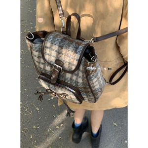 Tartan Woolen Double Shoulder Bag for Women Large Capacity Trendy Tote Bag College Style Backpack Suitable for Autumn Winter