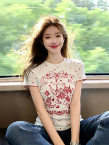 Polka Dots Small Horse Embroidery Short Sleeve Shoulder Fitting Slender Summer Womens T-Shirt