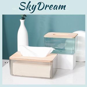 SKYDREAM - Transparent Tissue Box / Tissue Organizer with Bamboo Wood Cover
