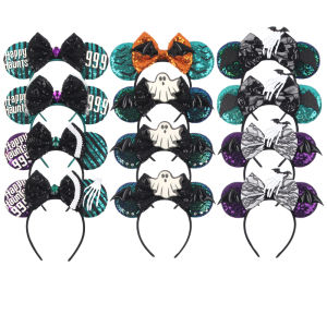 Disney | New skull Mickey Halloween Mouse Ears Headband Sequin 5"Bow Boy Girls Headwear kids Party Cosplay Women Cartoon Hair Accessories
