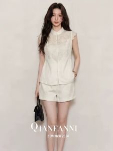 QFN | Elegant and Slim French Chinese-Style Lace Spliced Short Sleeve Shirt and Shorts Set