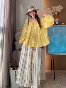 YUEZHONGWEI | Áo sơ mi lụa tím rộng rãi mùa hè cho nữ Áo khoác ngoài mỏng màu vàng chống nắng Áo len cardigan tay dài cổ tròn màu trơn