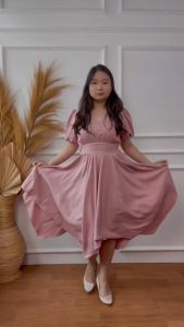 Mihar Store - Midi Dress Wanita Korean Style & Dress Babydoll Asimetris Leher V