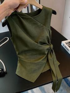 French Design Olive Green Sleeveless & Cross Tie Blouse Slimming Versatile Summer