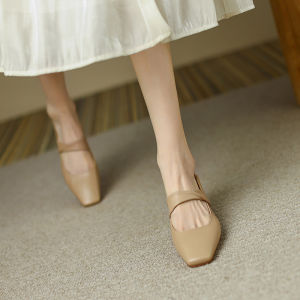 สไตล์ฝรั่งเศส Chunky Heel Square Toe สีนู้ด สายคล้อง รองเท้าเดี่ยว ผู้หญิง หนังแกะ Retro Low High Heels ฤดูร้อน Mary Janes