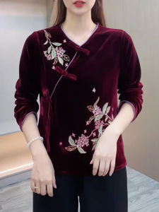 QINGNAER | Embroidered Velvet Women Blouse Large Size Loose Fitting