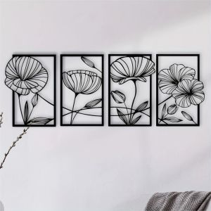 4-Piece Metal Lotus Flower Wall Decor - Abstract Floral Splicing Line Art | Minimalist Hanging Wall Sculpture