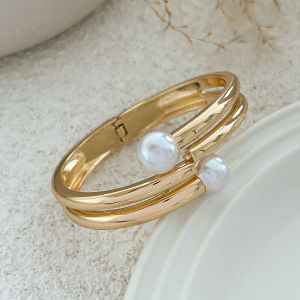 Ingemark Exaggerated Fashion Imitation Pearls Geometric Metal Bangles Hip Hop Punk Wrap Spring Bangles For Women Men Jewelry