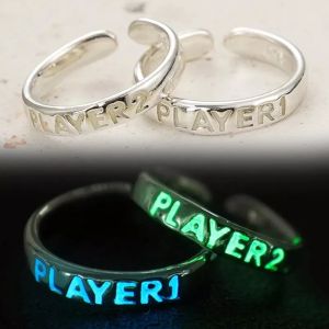 Luminous Ring for Couple Creative Glowing in the Dark Player 1 Player 2 Matching Gaming Ring for Women Men Valentines Day Gift