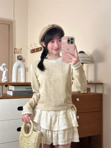 Sweet Girl Lace round Neck T-Shirt Womens 3D Butterfly Knot Letter Embroidery Knitted Long Sleeve Waist Cinched Short Style