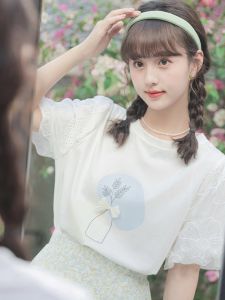 สีขาว เสื้อยืดแขนสั้น ผู้หญิง ดีไซน์ ฤดูร้อน แฟชั่น หวาน แขนฟองไหล่ Combed ผ้าฝ้าย โพลีเอสเตอร์ Blend Regular Fit