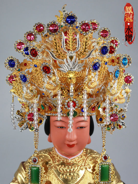 Chinese Style Deity Hat Diamond Encrusted Wang Mu Xuan Nu Tai Mountain Grandma Matsu Lady Goddess Statue Headwear Decorative Piece