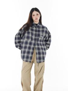 Aumr Chinese Fad Loose Gingham & Retro Flocking Shirt Coat