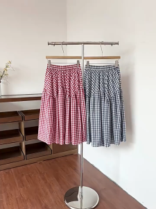 Korean Simple Plaid A Line Long Skirt High Waist Wide Hem Umbrella Dress Skirt