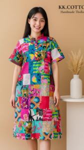 👗 เดรสคอจีน ทรงเอ สไตล์โบฮีเมียน | แฮนด์เมด Patchwork รอบตัว | ผ้าป่านอินเดีย 100% ใส่สบาย | ไซส์ M-6XL | อัดกาว/ไม่อัดกาว