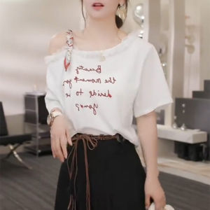 Shalldoer | Pure Desire Lace Splice Letter Print Short Sleeve T-Shirt Womens Summer Thin Shoulder Exposure Casual Loose Fit Top