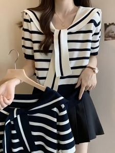 💥[A349] Áo len Montoghi dệt kim THỦY THỦ BUỘC KHĂN họa tiết sọc Quảng Châu xinh xắn thanh lịch - L2M