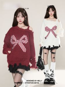 เสื้อสเวตเตอร์ถักสีแดง XUNXI ผ้าขนสัตว์เนื้อนุ่ม ทรงหลวม คอวี แขนยาว ปกโปโล สำหรับผู้หญิง ฤดูใบไม้ร่วง 2024