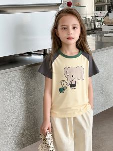 27home Girls Short Sleeve T-Shirt Cotton round Neck Print Baby Summer Clothes Soft Korean Style Slim Fit Childrens Apparel
