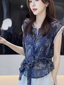 เสื้อเชิ้ตผู้หญิงแขนสั้นพิมพ์ลายสไตล์จีนฤดูร้อนปี 2025 แขนพอง ผ้าชีฟอง ระบายอากาศได้ดี แขนสั้น ปกกลม