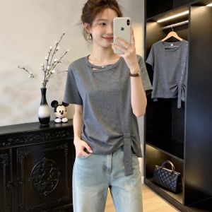 Áo Thun Dây Kéo Hở Lỗ Giảm Cân Form Rộng Tròn Cổ Tay Ngắn