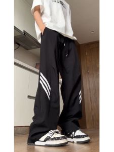 กางเกงลำลองชายสไตล์ฮิปฮอปสีดำ ทรงหลวม ขากว้าง แห้งเร็ว แฟชั่นฤดูใบไม้ร่วง กางเกงขายาว 3 แถบข้าง