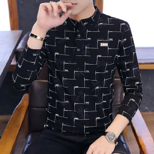 Slim Fit Long Sleeve Cotton Polo Shirt Mens Fashion Spring New Style Base Layer Top Youth Trendy Printed T-Shirt for Men