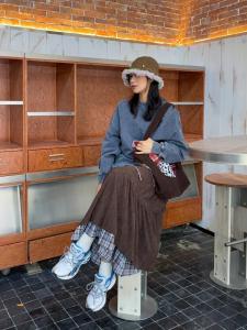 Váy Midi Kẻ Caro Dày Mùa Thu Đông Phong Cách Hàn Quốc Cổ Điển Hai Lớp Váy Ren Thon Gọn Váy Công Sở Cạp Cao