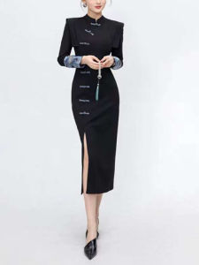 Elegant Black Embroidered Qipao Dress with Button Detail Improved Version of Traditional Chinese Gown for Women