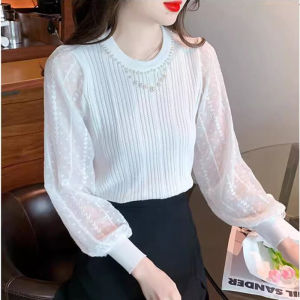 เสื้อยืดคอตั้งปักลูกไม้สำหรับผู้หญิง เสื้อสเวตเตอร์ถักแขนยาวทรงหลวม ฤดูใบไม้ผลิ 2024 เสื้อเชิ้ตคอตั้งดีไซน์เก๋ไก๋สำหรับผู้หญิง