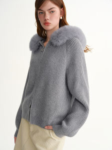 DUSHU | Detachable Fur Collar Hooded Knit Cardigan